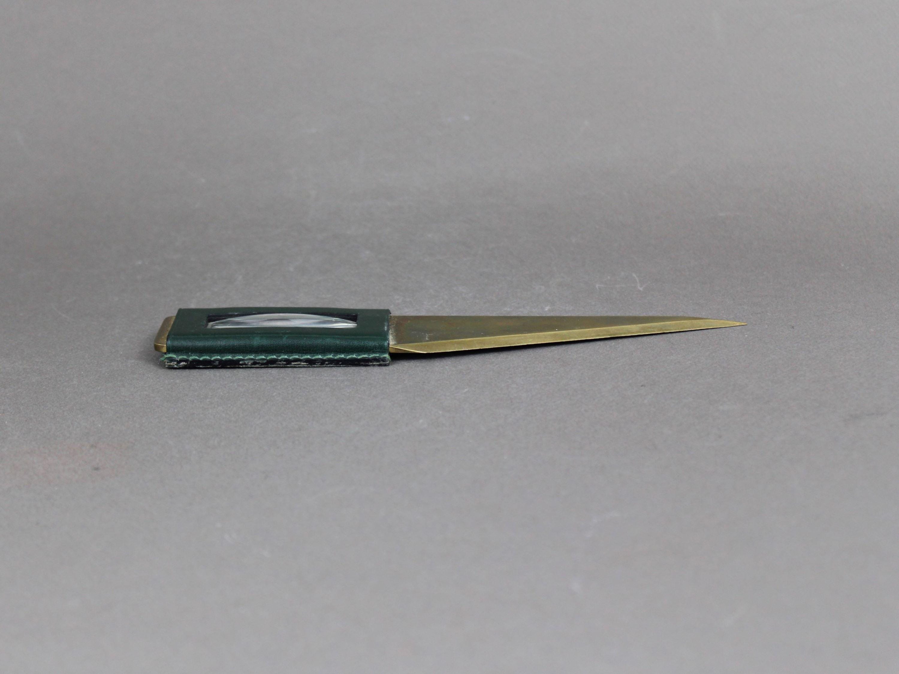 CARL AUBOCK Letter Opener With Magnifier Brass & Leather Desk