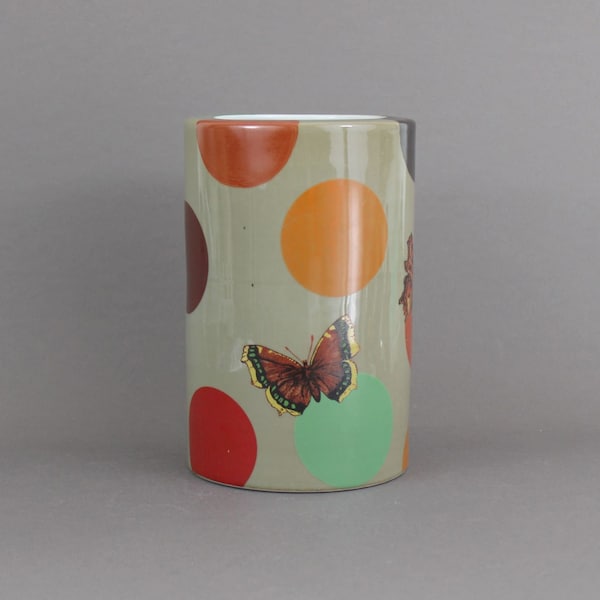 Vintage 1990s FABIENNE JOUVIN porcelain vase, Butterfly pattern & multicolored dots, French artist