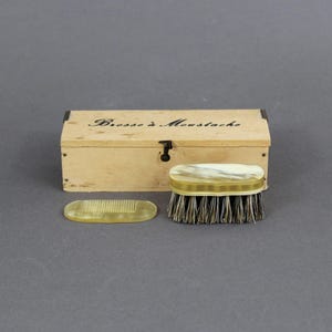 Vintage 1960s CARL AUBOCK mustache kit, Cow horn comb & brush, Grooming set