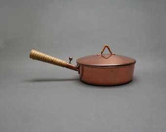 Vintage 1950s YSTAD METALL by Gunnar Ander small pan, Swedish copper & cane kitchen decor