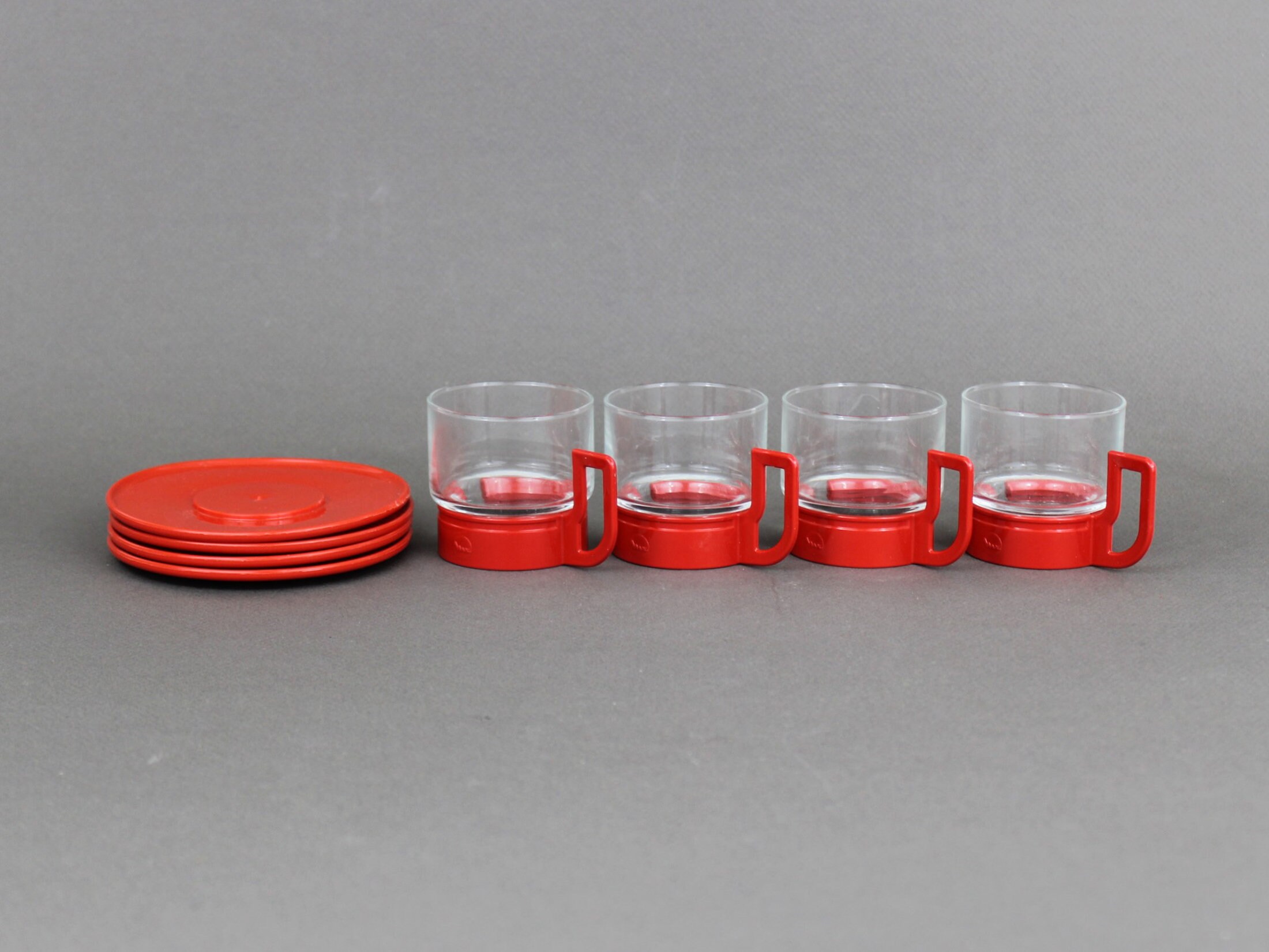 Vintage Bodum Espresso Demitasse Glass Coffee Mug Red Plastic Handle Set of  Four 4 Made in Denmark 