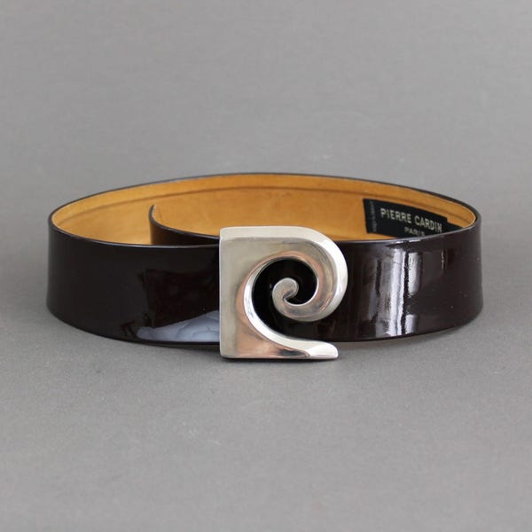 PIERRE CARDIN Logo Buckle Belt, Brown Patent Leather Statement Piece 1970s
