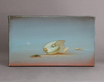 May include: An oil painting depicts a broken nautilus shell on a beach with a small green crab. The artwork features a serene, muted color palette of blues, greens, and browns, with a soft, dreamlike quality. The painting is signed in the lower left corner.