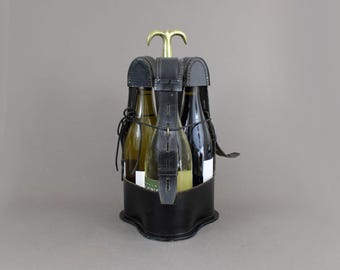 Leather Wine Carrier, 3 Bottle Holder English Barware 1950s