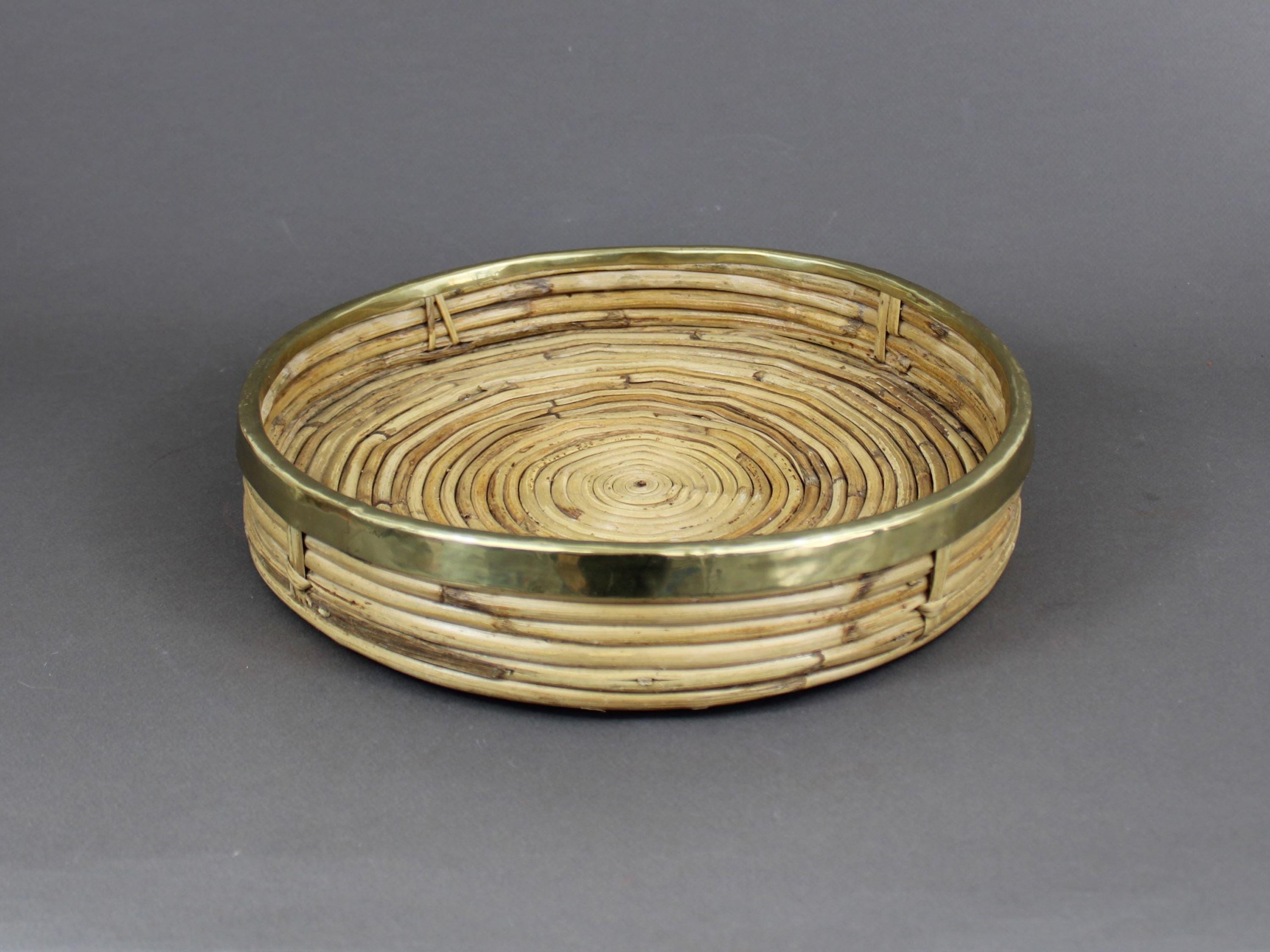 Vintage 1970s Italian Rattan and Brass Fruit Bowl