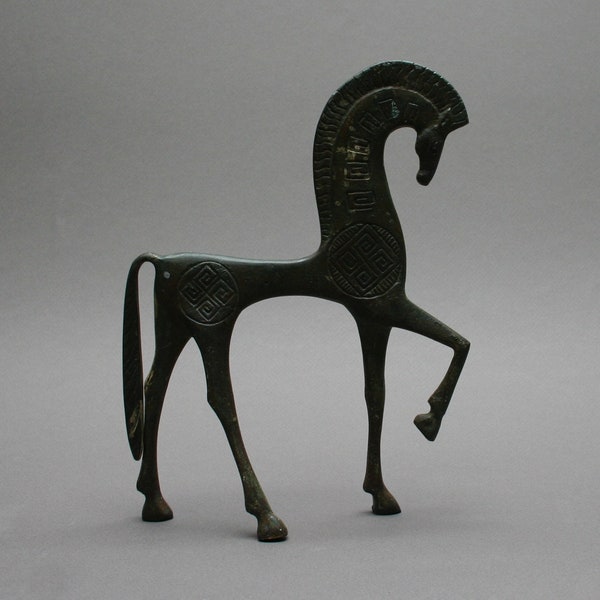 Vintage 1960s WEINBERG style horse statue, MCM Etruscan bronze sculpture, Modernist decor