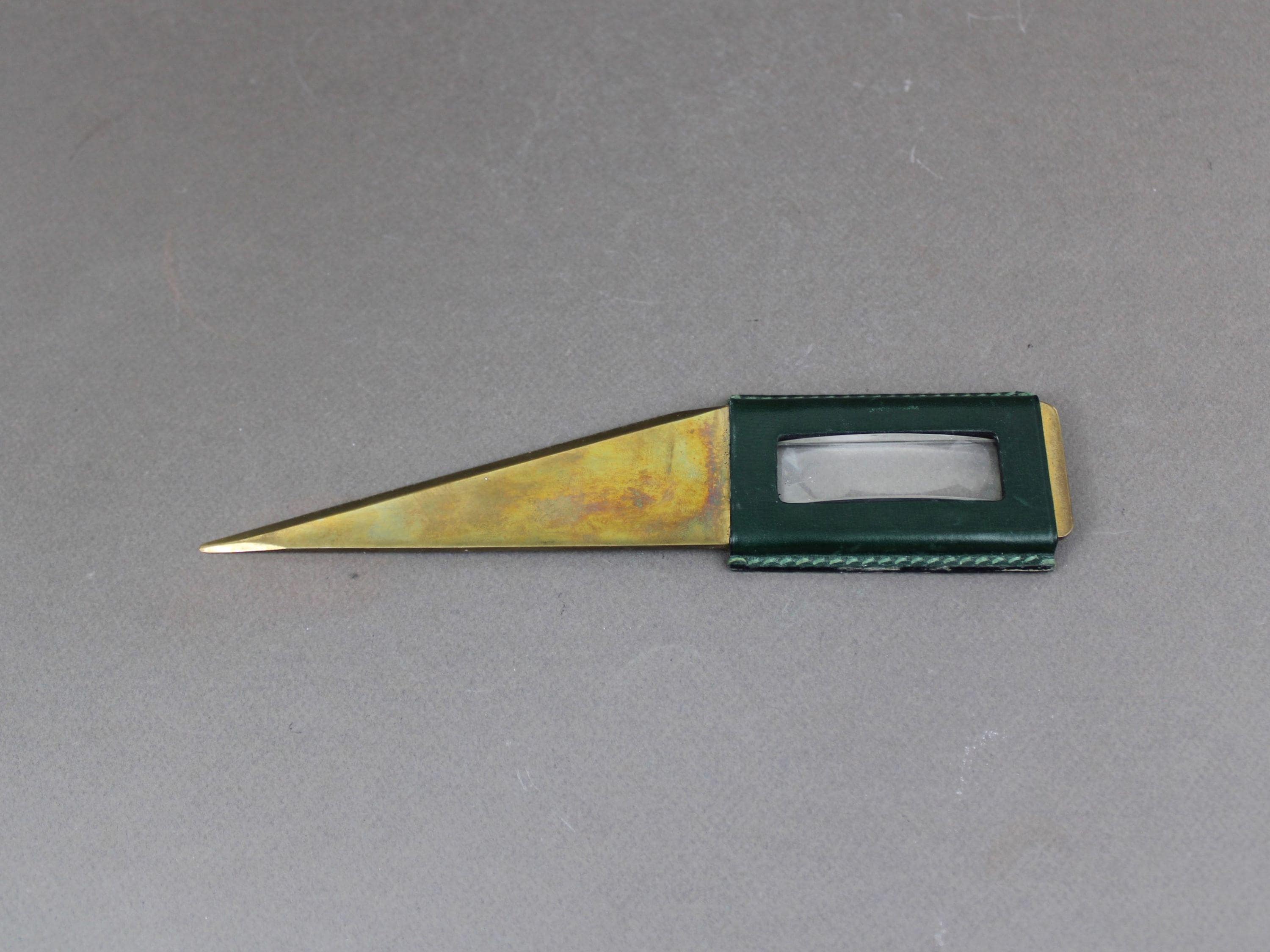 CARL AUBOCK Letter Opener With Magnifier Brass & Leather Desk