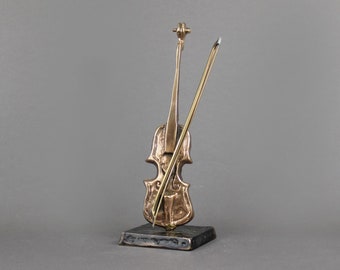 Sculpture en bronze d'YVES LOHE vintage des années 1980, statue de violon, artiste français