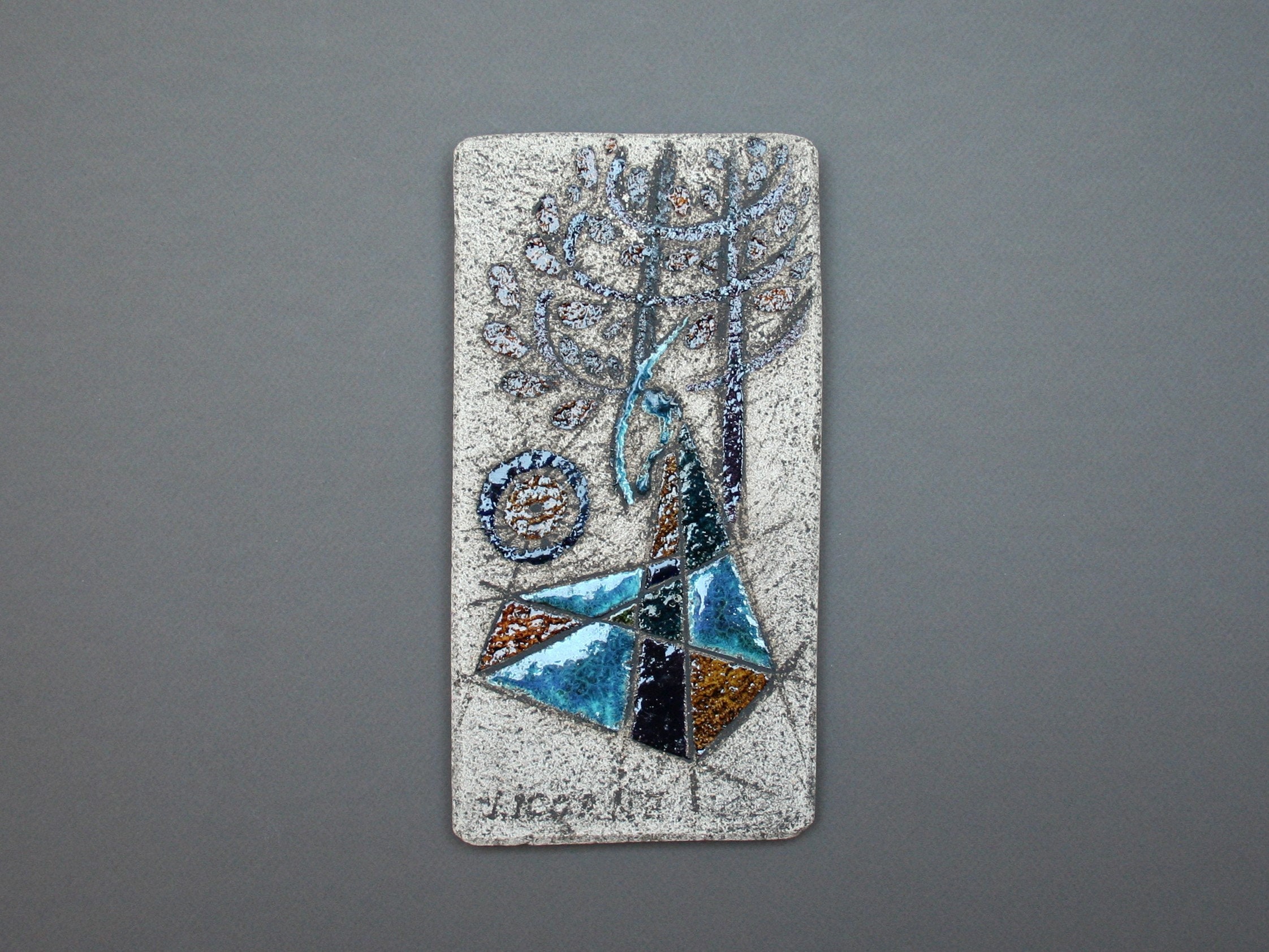 Plaque Murale Par Denise Bernard, Vintage Années 60, Poterie Émaillée, La Licorne