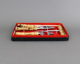 Juego de utensilios de bar de bambú vintage de los años 60, decoración de carrito de bar de mediados de siglo, hecho en Japón