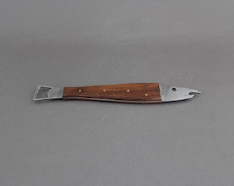 Vintage 1950s fish shaped bottle opener, Wood & stainless steel, MCM barware