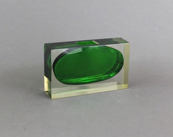 Vintage 1970s resin inclusion vase, Modern decor, Rectangular green & clear sculpture