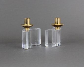 Vintage 1970s lucite & brass candlestick set, Modern decor