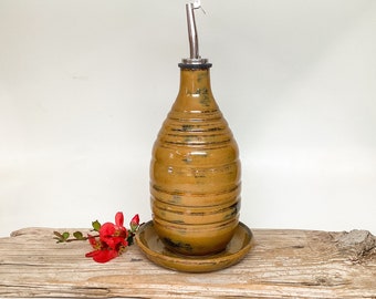 Pottery olive oil / vinegar bottle set, cruet, spout, arthritis, ergonomic, soap dispenser, farm house #1