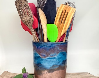 Handmade, Wheel-Thrown Pottery utensil holder, flower vase
