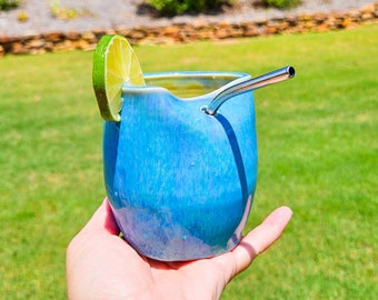 Hand Thrown Pottery Tumbler: 10oz Cocktail Cup, Blue Glaze