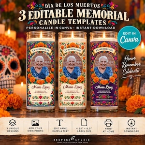 May include: Three cylindrical memorial candles featuring editable templates with a photo of an elderly person, the text 'EN MEMORIA DE', 'Maria López', and dates. The designs include colorful floral patterns, marigolds, and hearts, with a 4.25" x 8.5" label size.