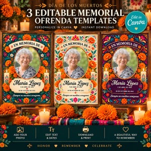 May include: Three editable memorial ofrenda templates for Dia de los Muertos featuring floral borders, a central oval photo frame, and text reading En Memoria de Maria Lopez with birth and death dates, designed for customization in Canva.