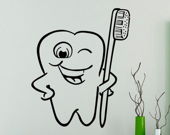 Tooth with Toothbrush Wall Decal Dental Vinyl Sticker Wall Art Decor Home Interior Living Room Design 4(dtl)