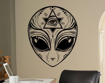 Alien Face Wall Decal Ufo Sci-Fi Vinyl Sticker Masonic Wall Art Decor Home Interior Room Design 4(nit)
