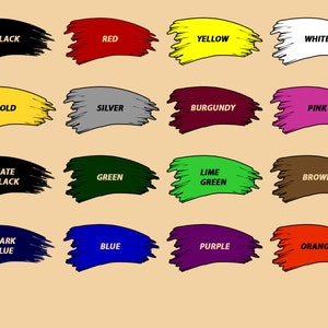 Puede incluir: Un gr&aacute;fico de paleta de colores con 16 muestras de pinceladas. Cada muestra muestra un color diferente, incluyendo negro, rojo, amarillo, blanco, oro, plata, borgo&ntilde;a, rosa, negro mate, verde, verde lima, marr&oacute;n, azul oscuro, azul, morado y naranja. Cada color est&aacute; etiquetado.