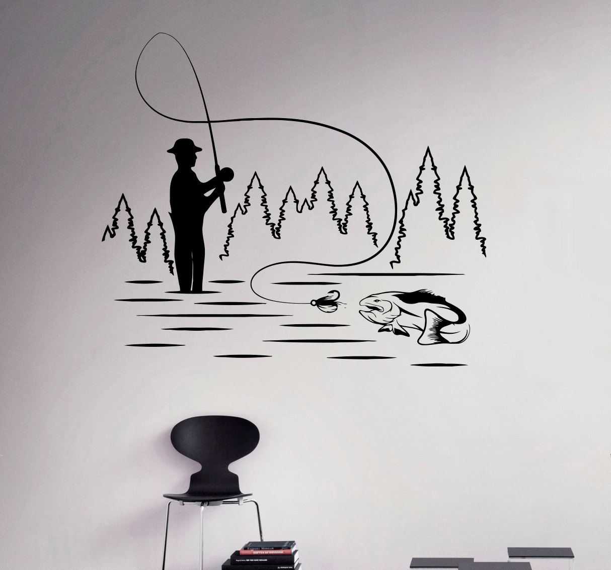 Arte de pesca naturaleza pared calcomanía bosque lago vinilo Sticker Hobby  Home decoración de interiores murales decoración de dormitorio de sala, image size:1214x1134