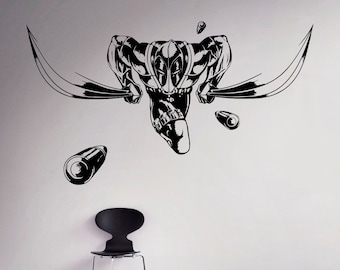May include: Black and white wall decal of a masked superhero with swords and bullets. The superhero is in a crouched position with swords in each hand.