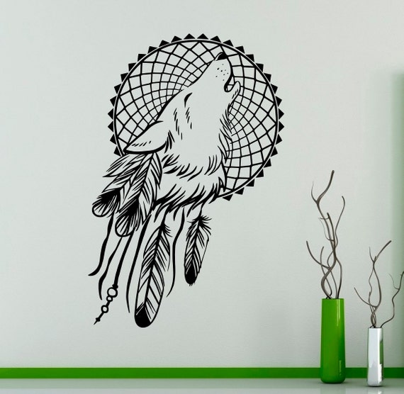 Wolf and Feathers Wall Vinyl Decal Dreamcatcher Wall Sticker Sleep Symbol Home Interior Bedroom Removable Decor  Wall Graphics 23(na)