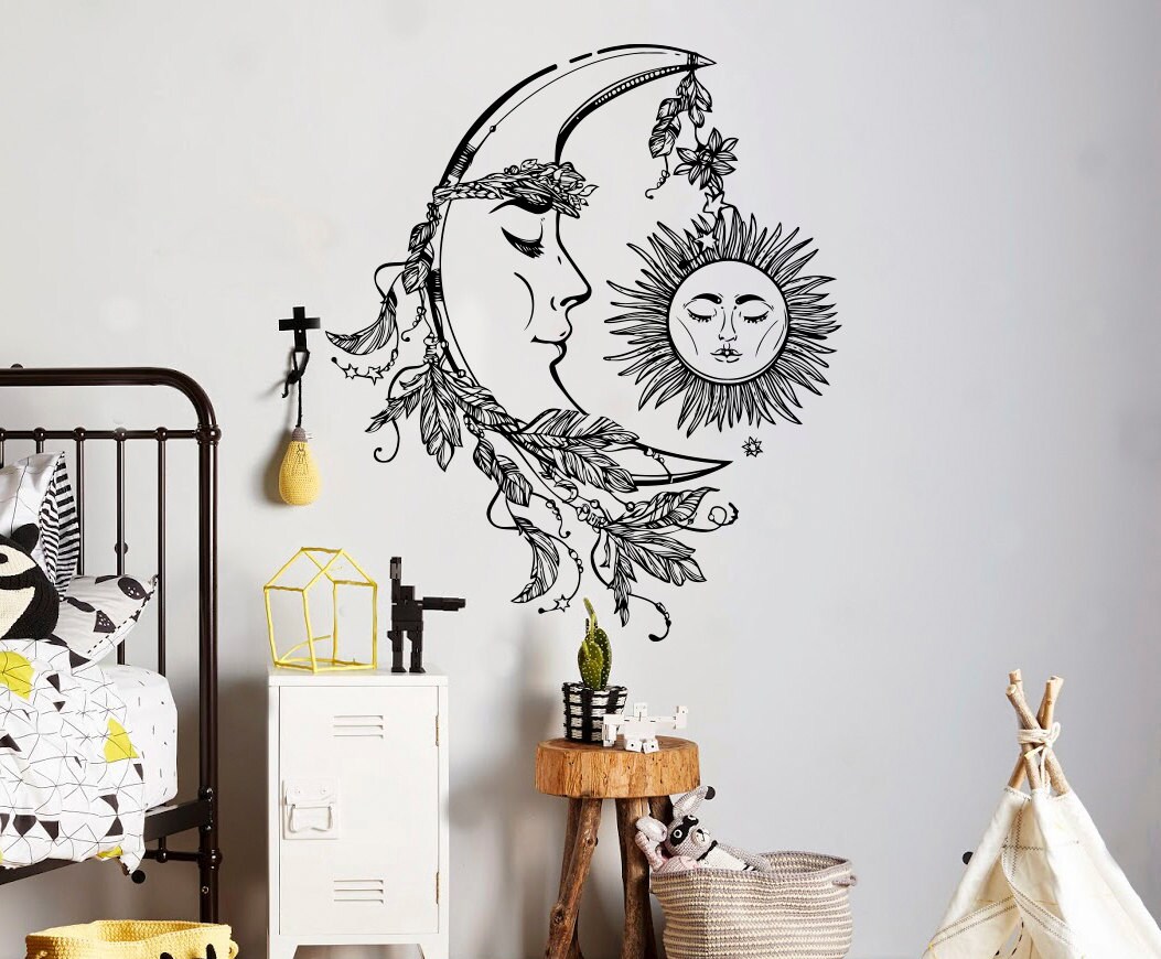 Crescent Moon Wall Decal Sleeping Sun Vinyl Sticker Vintage Retro Style ...
