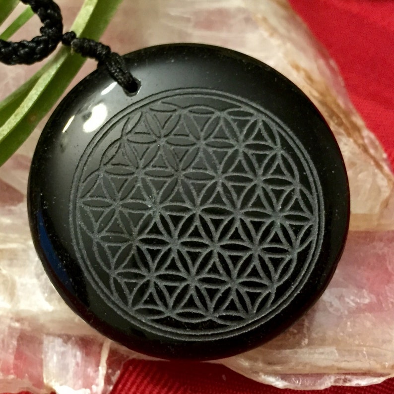 Obsidian FLOWER OF LIFE pendant necklace Obsidian necklace pendant
