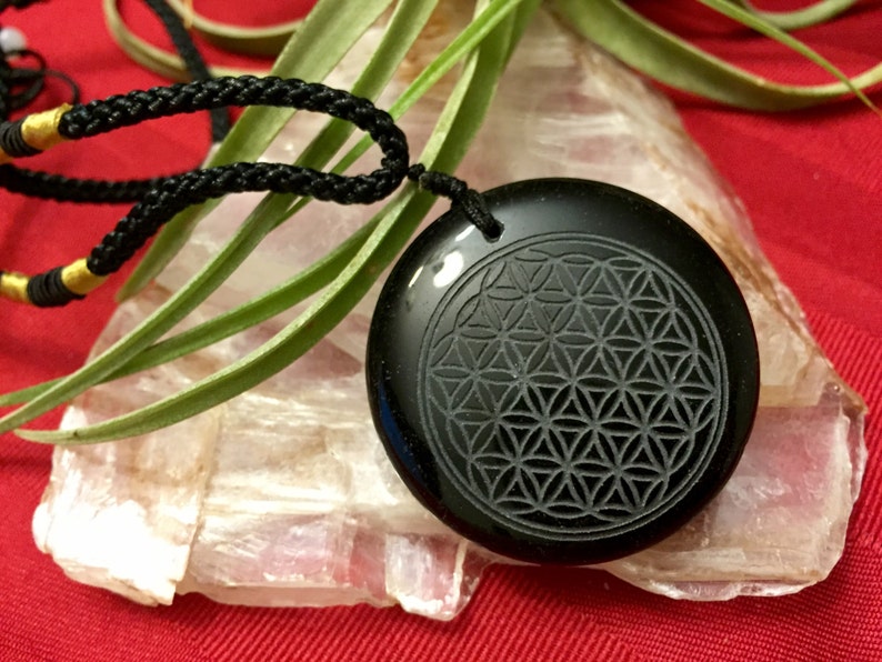 Obsidian FLOWER OF LIFE pendant necklace Obsidian necklace pendant