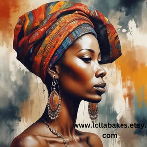 Modern African Art Digital Download – Beautiful Afrocentric Decor - Elegant African Woman Digital Art – Vibrant Headwrap Portrait Download
