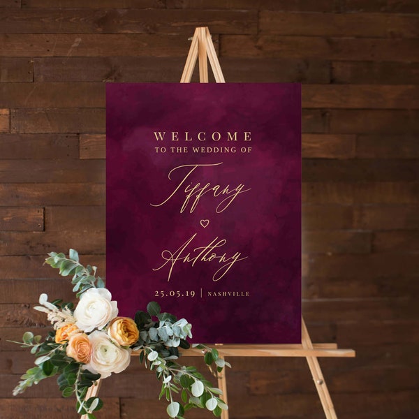 Wedding Sign Template, INSTANT DOWNLOAD, Burgundy Wedding Decor, Welcome Signs, Editable Welcome Sign, 100% Editable, Templett, Gold