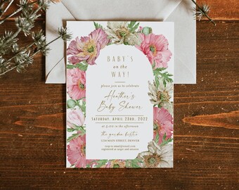 Floral Boho Baby Shower Invitation, Bohemian Baby Shower Invitation Download, Editable Baby Shower Evite Text, Instant Download, Beige, Pink