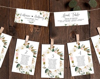 Magnolia Seating Chart Template, Printable Table Seating Plan, INSTANT DOWNLOAD, Find Your Seat Sign, DIY Wedding, Blush, Boho, Greenery