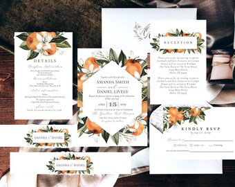 Orange Wedding Invitation Template, Printable Editable Wedding Invitation Suite, Summer Wedding, INSTANT DOWNLOAD, Wedding Suite, Greenery