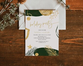 May include: A white invitation card with gold and green abstract shapes and a gold handwritten inscription that reads "holiday party". The text on the card reads "Join us for holiday cocktails, December 15th, 2017 at 6 o'clock, The Emmerson's, 11201 Ed Brown Rd, Charlotte, North Carolina".