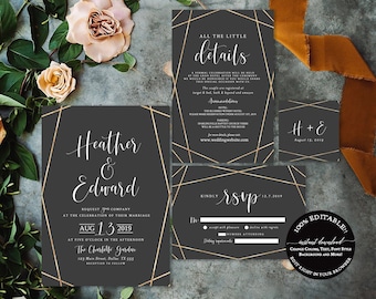 Wedding Invitation Template Gold, Wedding Invitation Black, Self-Editing Wedding Invitation Set, 100% Editable Template, INSTANT DOWNLOAD