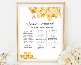 Bee Birthday Milestone Board Printable, Baby Milestone Board Template, Honey Birthday Sign Instant Download, Bumble Bee My First Year
