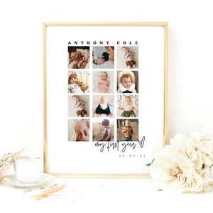 Ellia | First Year Photo Collage Template, Modern Monthly Collage, Minimalist Baby Photo Frame, Simple 12 Month Collage, Elegant 1st Year