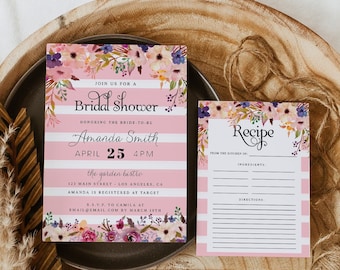 Pink Elegant Bridal Shower Invitation Template, Editable Bridal Shower Invitation & Recipe Card, Boho Floral Bridal Shower, Spring, DIY