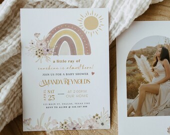 A Little Ray of Sunshine is on the Way Baby Shower Invitation, Boho Rainbow Sunshine Baby Shower Invitation, Beige Boho Baby Shower, Muted