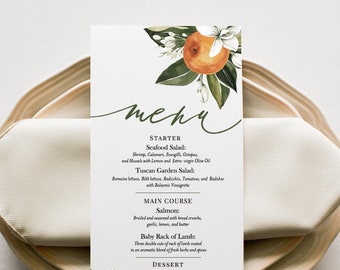 MAEVE / Plantilla de menú de boda naranja, Menú de azahar en acuarela imprimible, Tarjetas de menú de cítricos, Descarga instantánea Editable Templet DIY