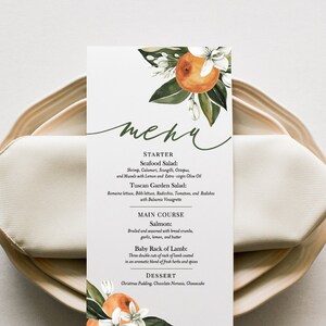 Modello per menu di nozze MAEVE / Orange, acquerello Menu fiori d'arancio stampabile, carte menu agrumi, download istantaneo Templet modificabile fai-da-te