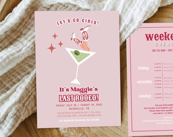 Dirty Martini Cowgirl Bachelorette Invitación & Itinerario, Western Bachelorette Invite, Editable Itinerary, Rodeo Pink Cowgirl Bachelorette