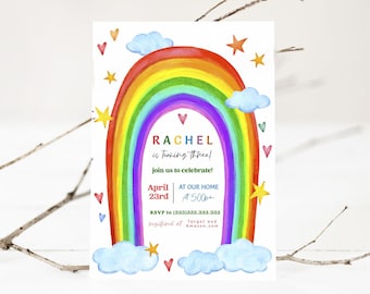 Rainbow Birthday Invitation Girl Invite Templett, Editable Rainbow Birthday Invitation, First Birthday Invitation Rainbow, Boho Rainbow, DIY