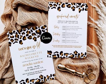 Let's Get Wild Bachelorette Invitation, Leopard Print Bachelorette Invitation & Itinerary Template, Editable Bachelorette Animal Print Canva