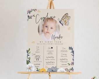 Puede incluir: Un póster beige con un diseño floral y una ilustración de mariposa. El póster es una tabla de hitos del primer año para un bebé llamado Caroline Mendes. Incluye detalles como su peso, altura y cosas favoritas. El póster presenta una foto del bebé en un círculo.