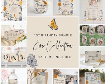 EVA | Wildflower 1st Birthday Bundle Template Printable, Boho Floral 1st Birthday Package Printable, Floral Girl Birthday Kit Editable, DIY