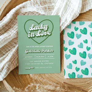 Lucky In Love bruids douche uitnodiging, St Patricks Day thema, bewerkbare sjabloon direct downloaden, Shamrock, paren douche uitnodigen, Templett